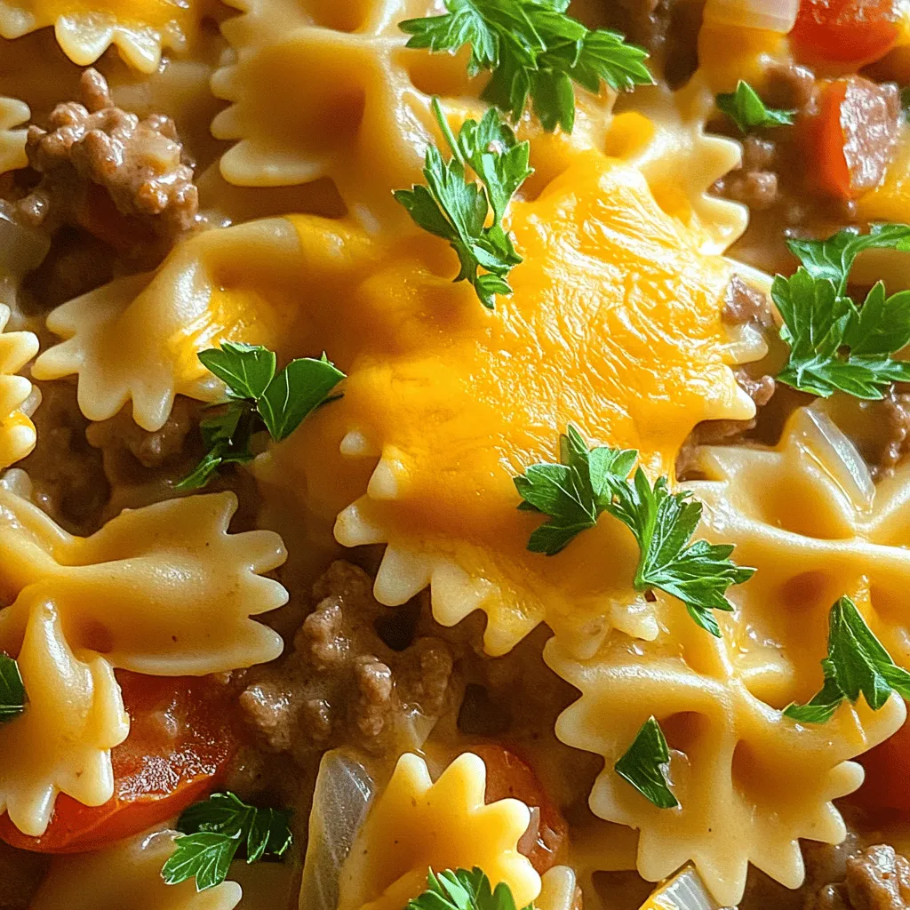 - 8 oz bowtie pasta - 1 lb ground beef - 1 can (14.5 oz) diced tomatoes (with juices) - ½ cup cream cheese, softened - 1 ½ cups shredded cheddar cheese - 1 medium onion, chopped - 2 cloves garlic, minced