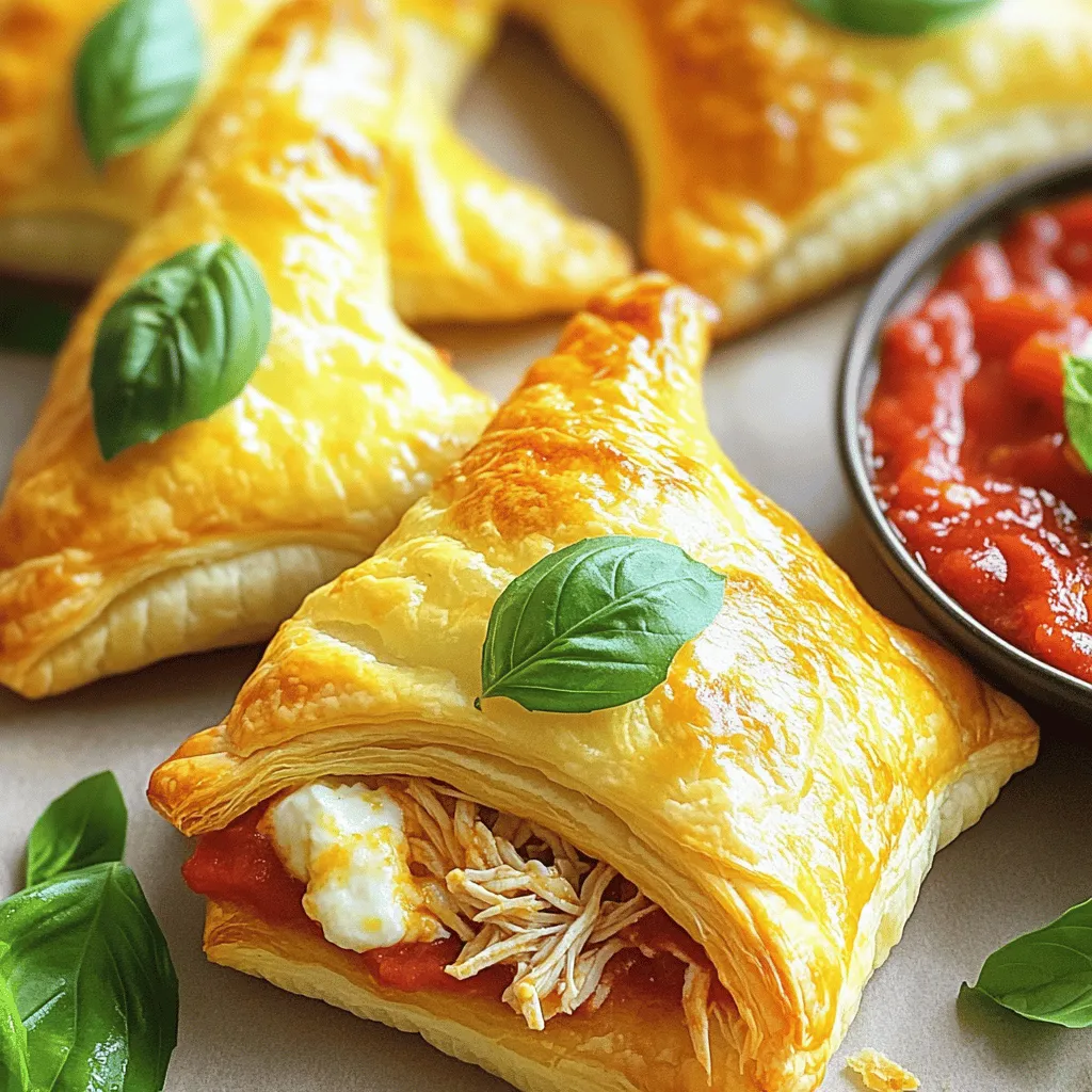 - 1 lb chicken breast, cooked and shredded - 1 cup ricotta cheese - 1 cup shredded mozzarella cheese - 1/2 cup grated Parmesan cheese - 1 egg, beaten - 1 teaspoon garlic powder - 1 teaspoon Italian seasoning - Salt and pepper to taste - 1 package (1 lb) refrigerated puff pastry sheets - 1 cup marinara sauce, for serving - Fresh basil leaves, for garnish